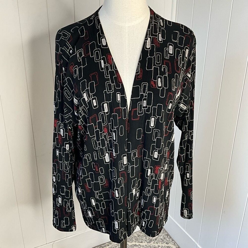 A Touch of Class Clothing Womens S/M Open Front Slinky Cardigan Black Geo Print